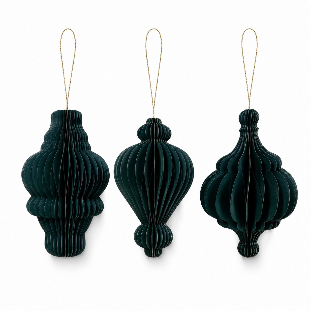 3Pcs Dark Green Gold Line Honeycomb Ornaments Set, Foldable 3D Paper Hanging Baubles for Christmas Tree Holiday Decor