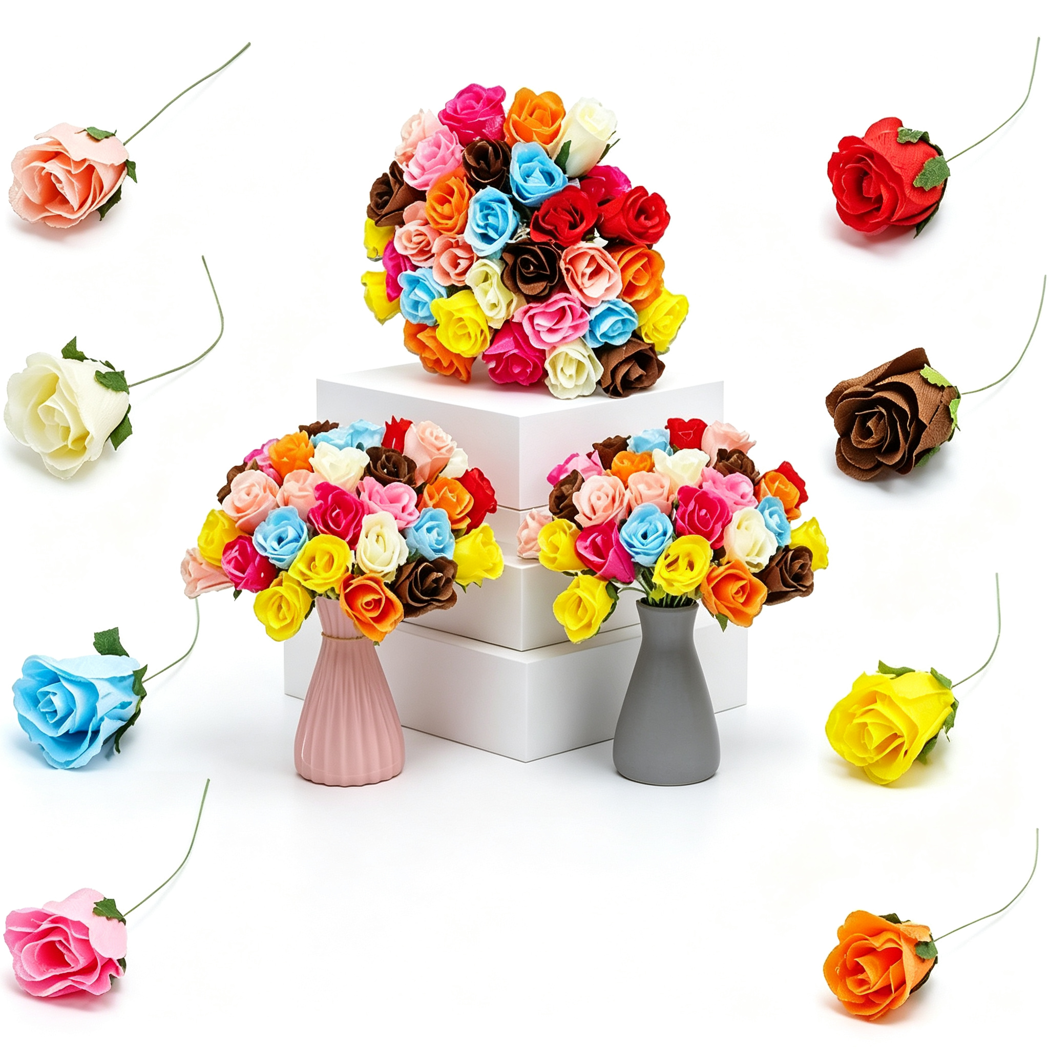 Handmade Crepe Paper Roses, Artificial Paper Flower Stems for DIY Bouquet Vase Home Party Decoration