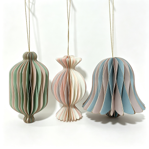 3‑Pcs 10cm Honeycomb Paper Christmas Hanging Ornaments Set, Lantern Candy Bell Shaped Xmas Tree Decor with Gold Hanging String