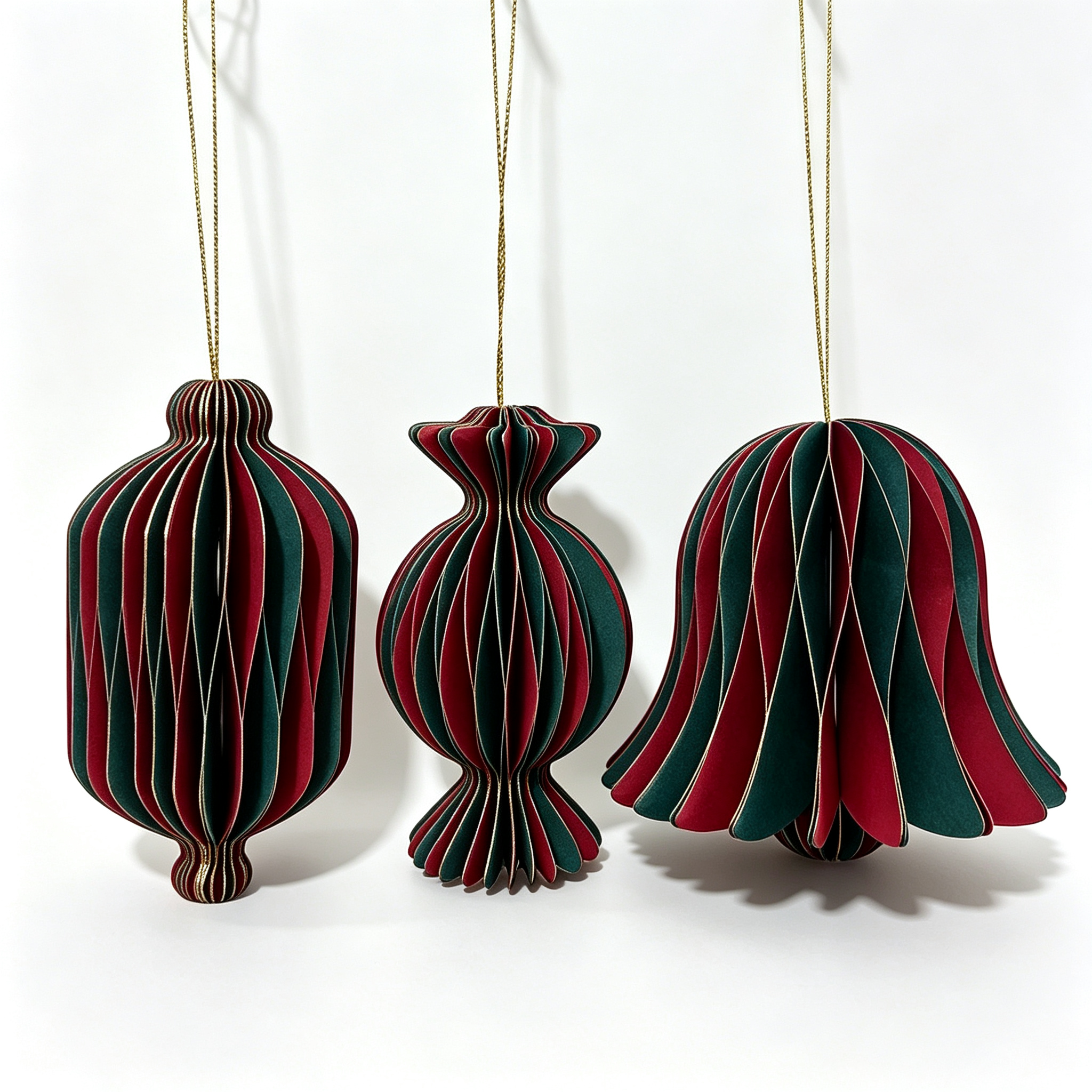 3‑Pcs 10cm Honeycomb Paper Christmas Hanging Ornaments Set, Lantern Candy Bell Shaped Xmas Tree Decor with Gold Hanging String - Image 2